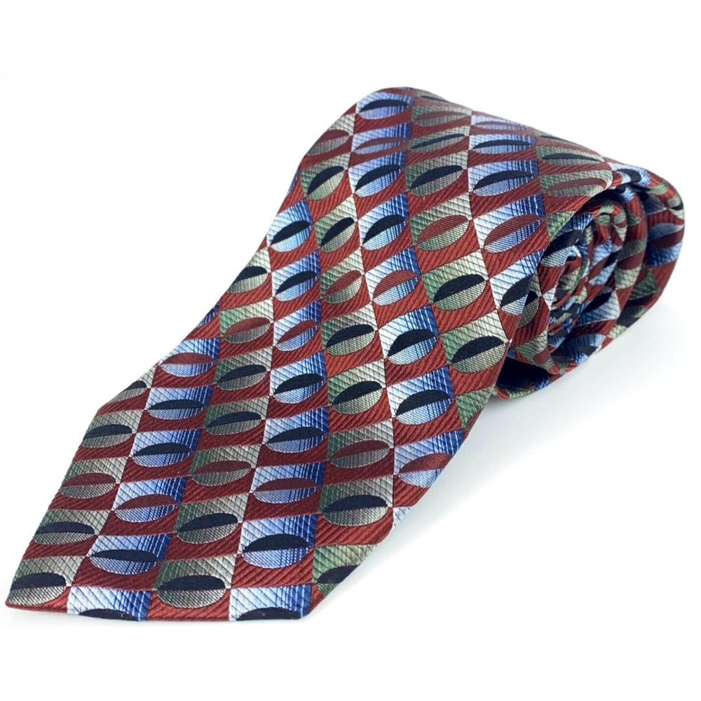 Jhane Barnes Men's Tie 100% Silk Auburn Red w/ Green Blue Geometric Necktie 60" - Picture 4 of 11